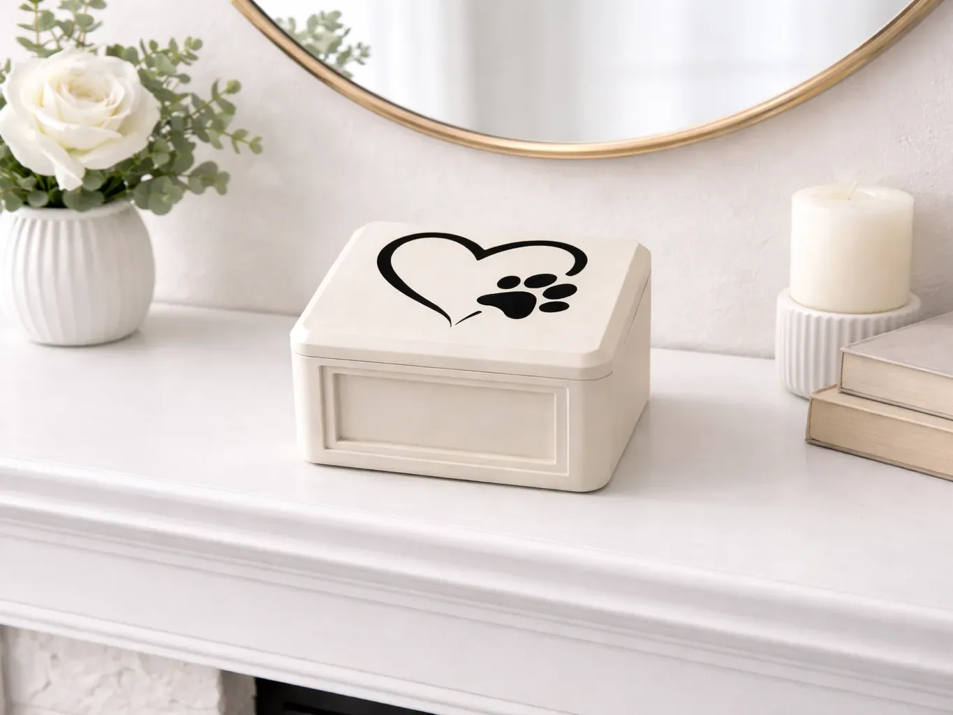 Caixa memorial bege com coração e marca de pata escuros na tampa e uma placa lisa na frente, sobre um console branco