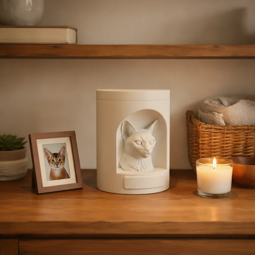 Urna pet clara com escultura de gato abissínio, ao lado de um porta-retrato e uma vela acesa