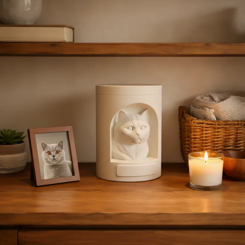 Urna pet clara com escultura de gato british shorthair, ao lado de um porta-retrato e uma vela acesa