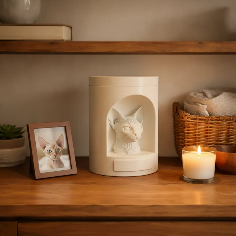 Urna pet clara com escultura de gato devon rex, ao lado de um porta-retrato e uma vela acesa
