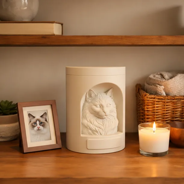 Urna pet clara com escultura de gato ragdoll, ao lado de um porta-retrato e uma vela acesa