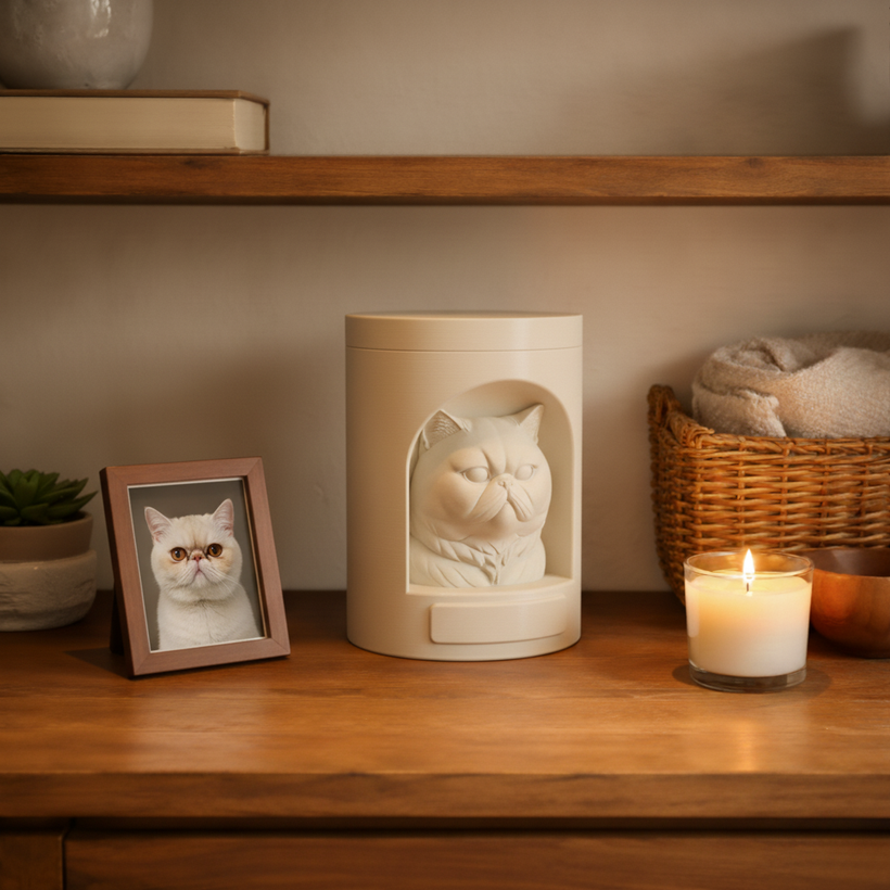 Urna pet clara com escultura de gato exótico, ao lado de um porta-retrato e uma vela acesa