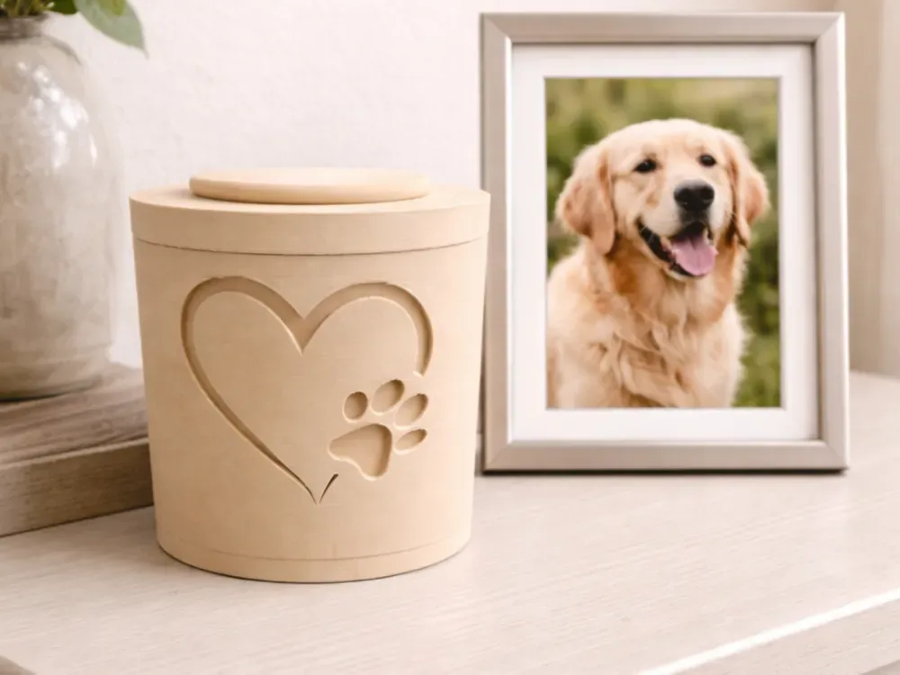 Urna pet cilíndrica clara com coração e marca de pata em relevo, ao lado de um porta-retrato com a foto de um cão