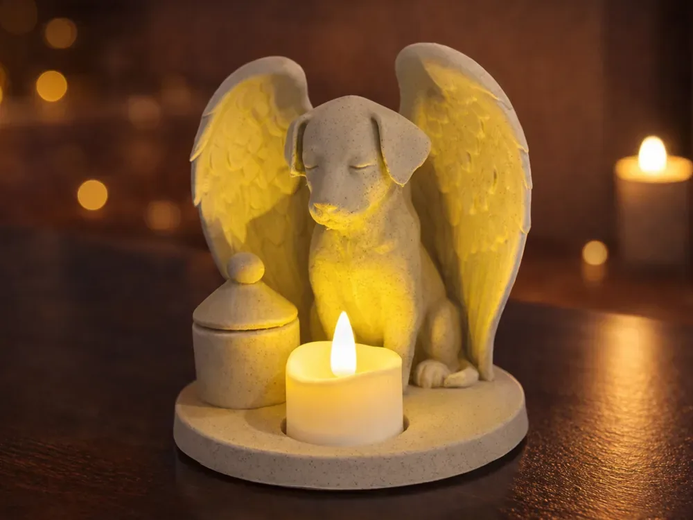 Cão de asas em acabamento pedra sobre base oval, com uma urna pequena ao lado e uma vela de LED acesa