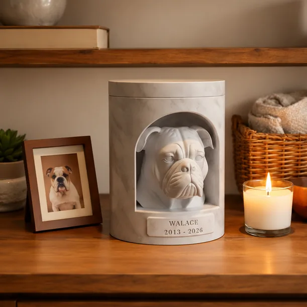 Urna pet clara com escultura de bulldog e placa gravada com nome e datas
