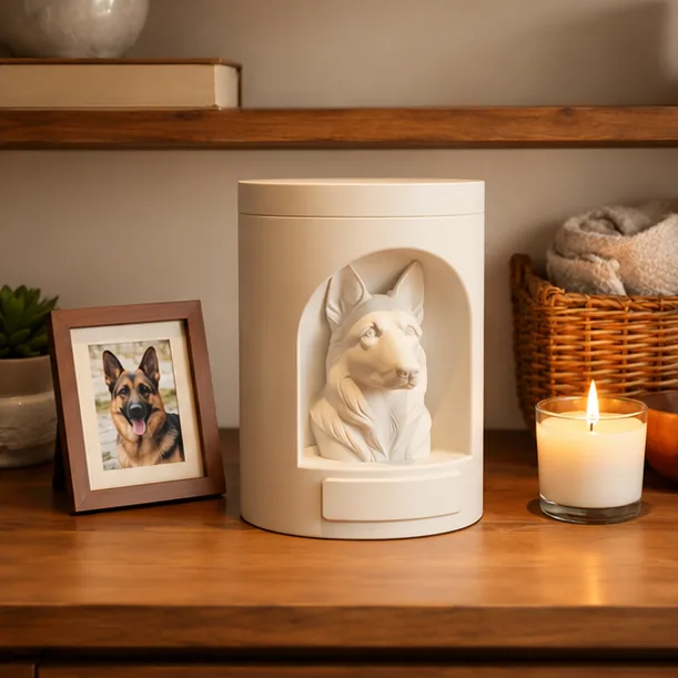 Urna pet clara com escultura de pastor-alemão, ao lado de um porta-retrato e uma vela acesa
