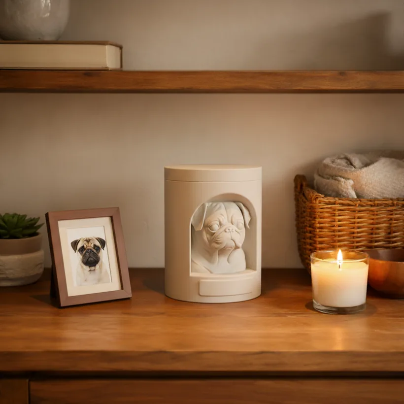 Urna pet clara com escultura de pug, ao lado de um porta-retrato e uma vela acesa