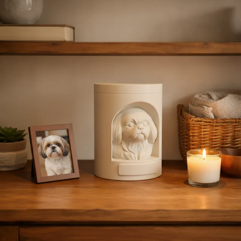 Urna pet clara com escultura de shih tzu, ao lado de um porta-retrato e uma vela acesa