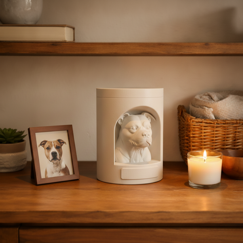 Urna pet clara com escultura de staffordshire bull terrier, ao lado de um porta-retrato e uma vela acesa